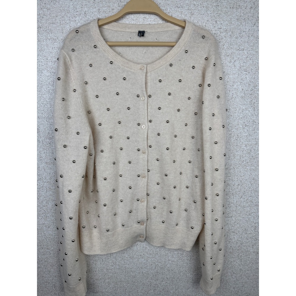 By Anthropologie Juliet Studded 100% Cashmere Cardigan Sweater Womens L Cream